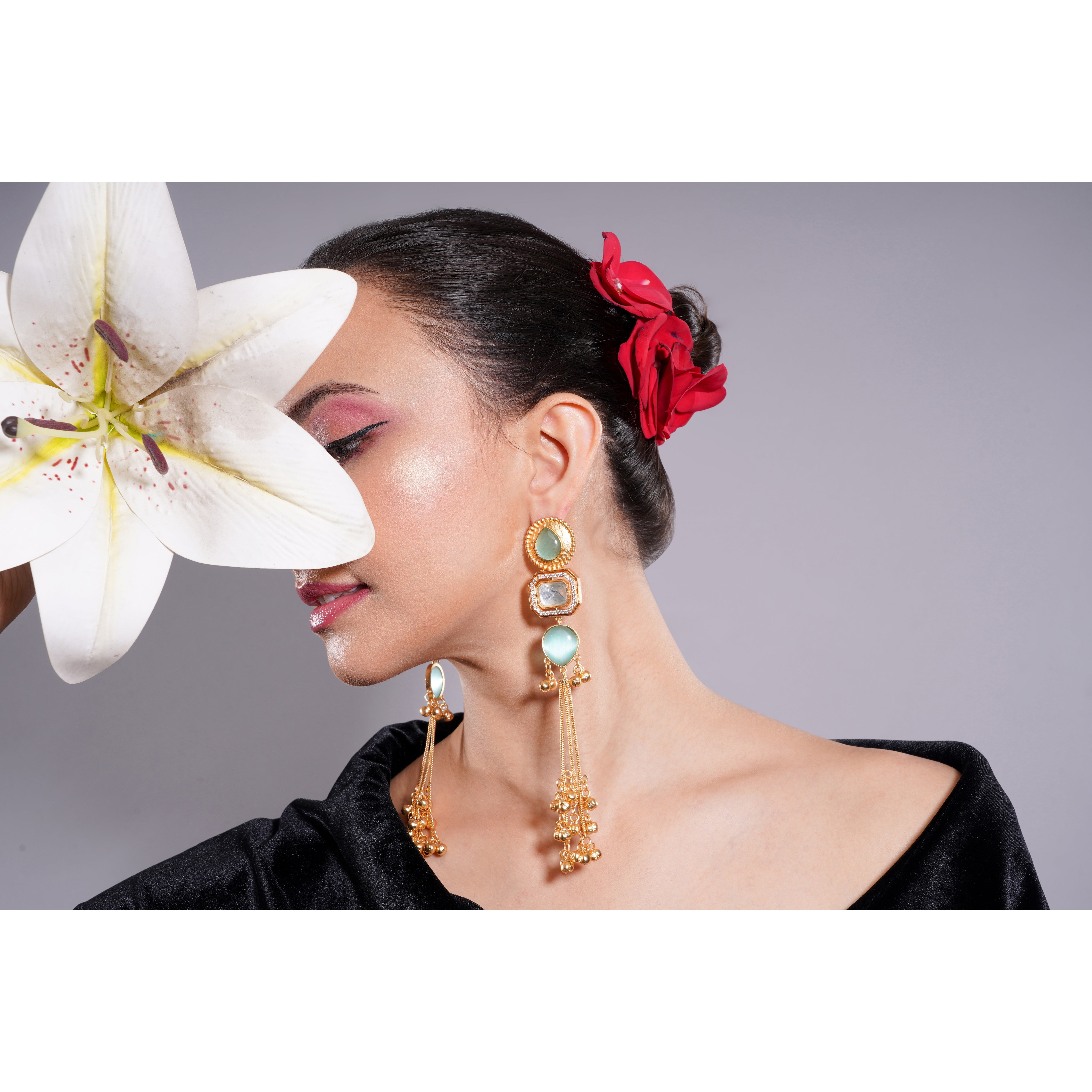 Amaita Kashmiri Mint Green Long Dangling Earrings