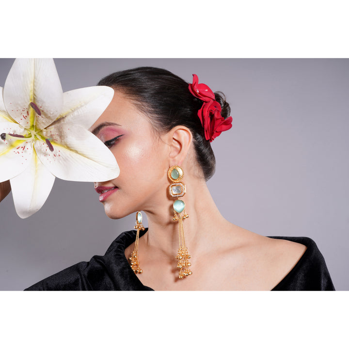 Amaita Kashmiri Mint Green Long Dangling Earrings