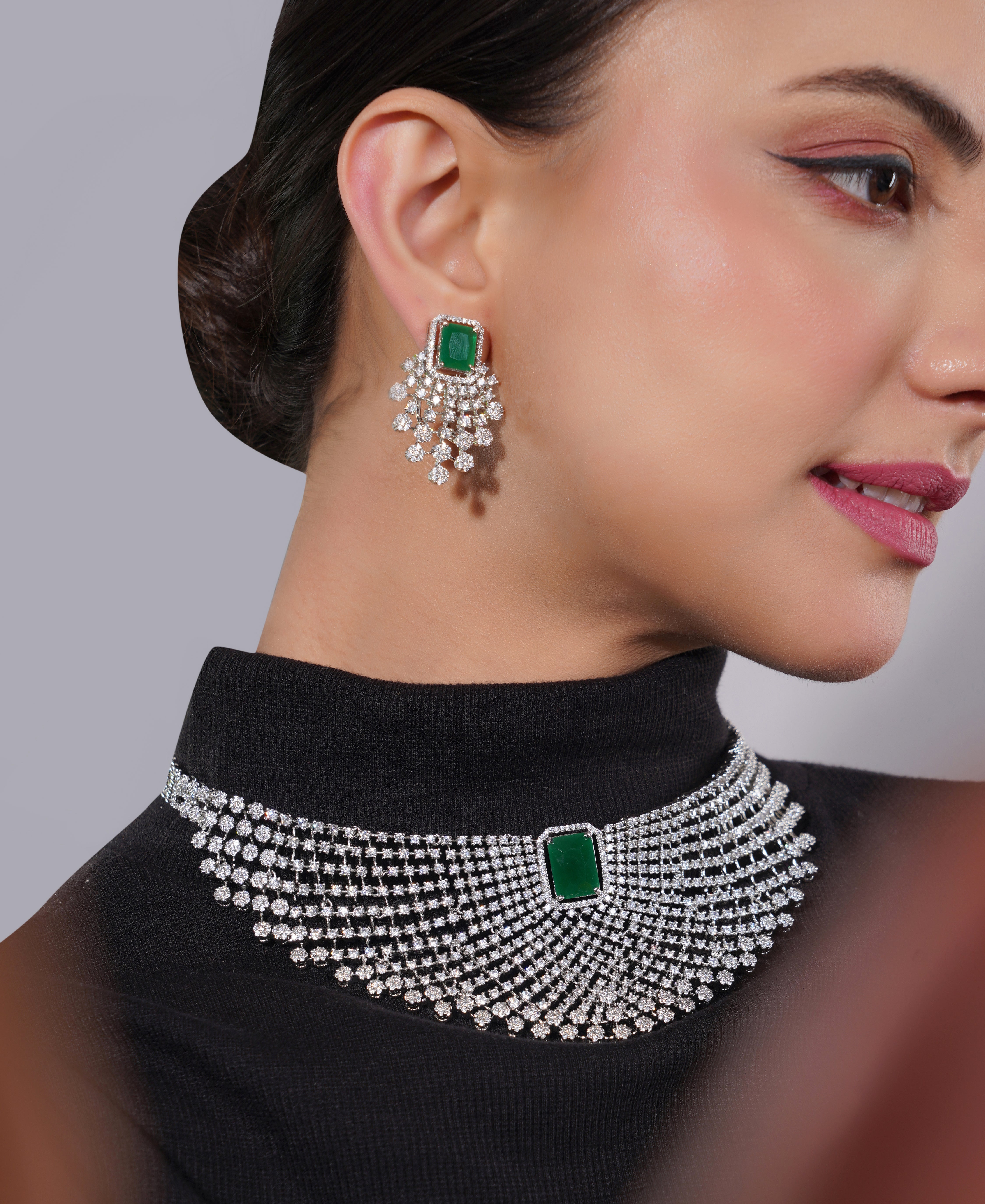 Amaita American Diamond Emerald Choker Necklace Set