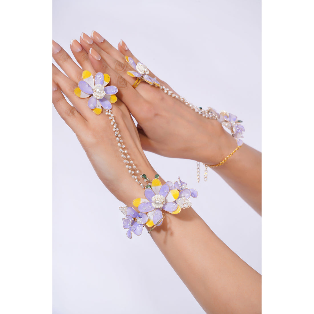 Amaita Demi Fine Lavender Enamel Floral Necklace Earring Hand Harness Set