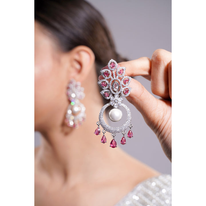 Amaita Silver Tone AD Pink Stone Pearl Chandbali Drop Earrings