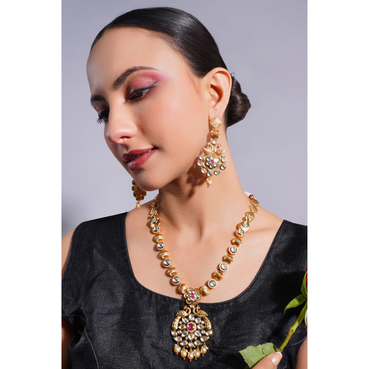 Amaita Demi Fine Ethnic Polki Kundan Ruby Pink Stone & Gold Pendant Necklace Set