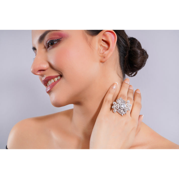Amaita Demi Fine Platinum Polish AD Baguette Cushion Floral Halo Cocktail Ring