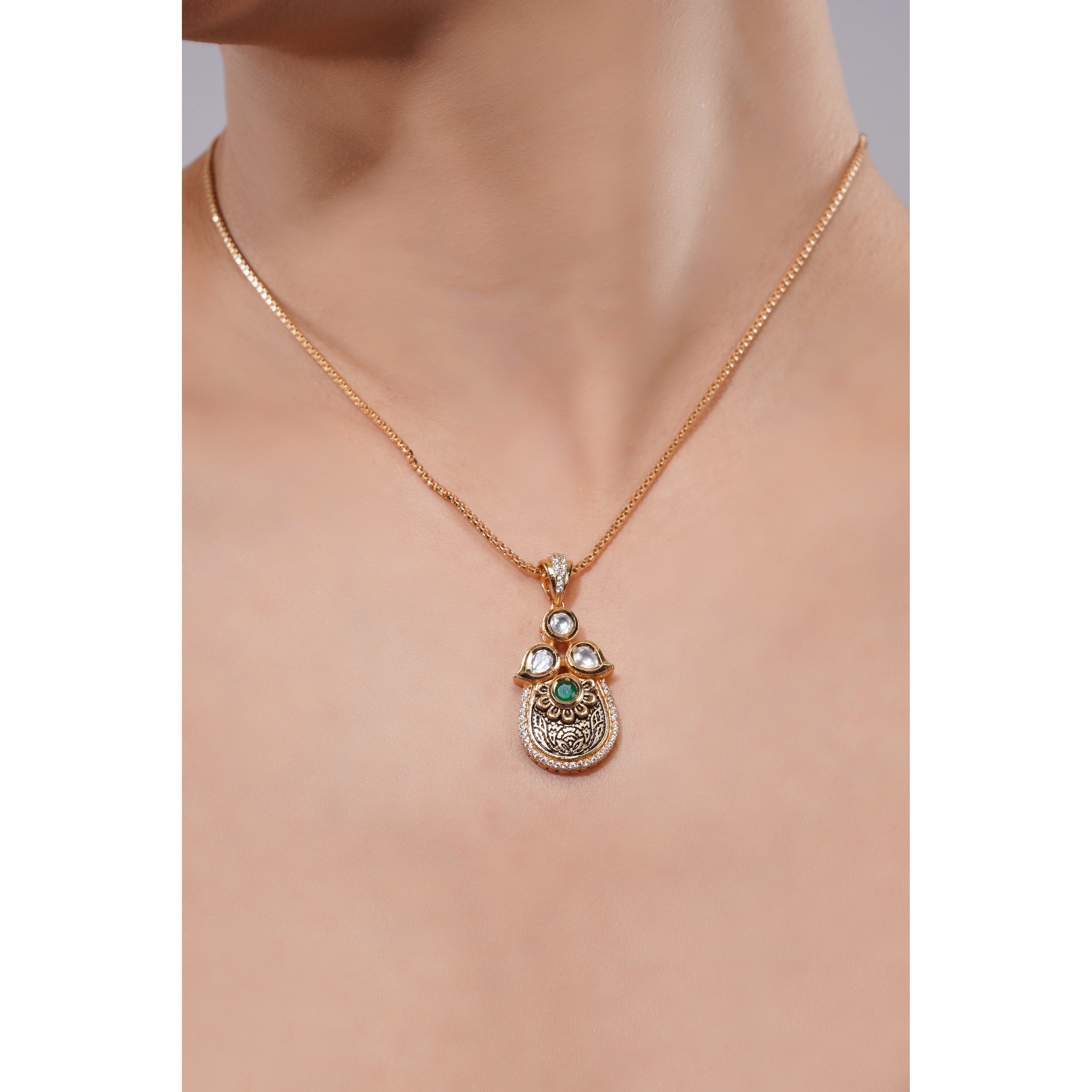 Amaita Demi Fine Ethnic Polki Kundan Green Stone Pearl Drop Jewellery Set