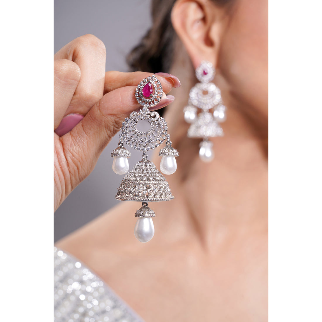 Amaita AD Grand Layered Jhumka Earrings with Ruby Top Stone