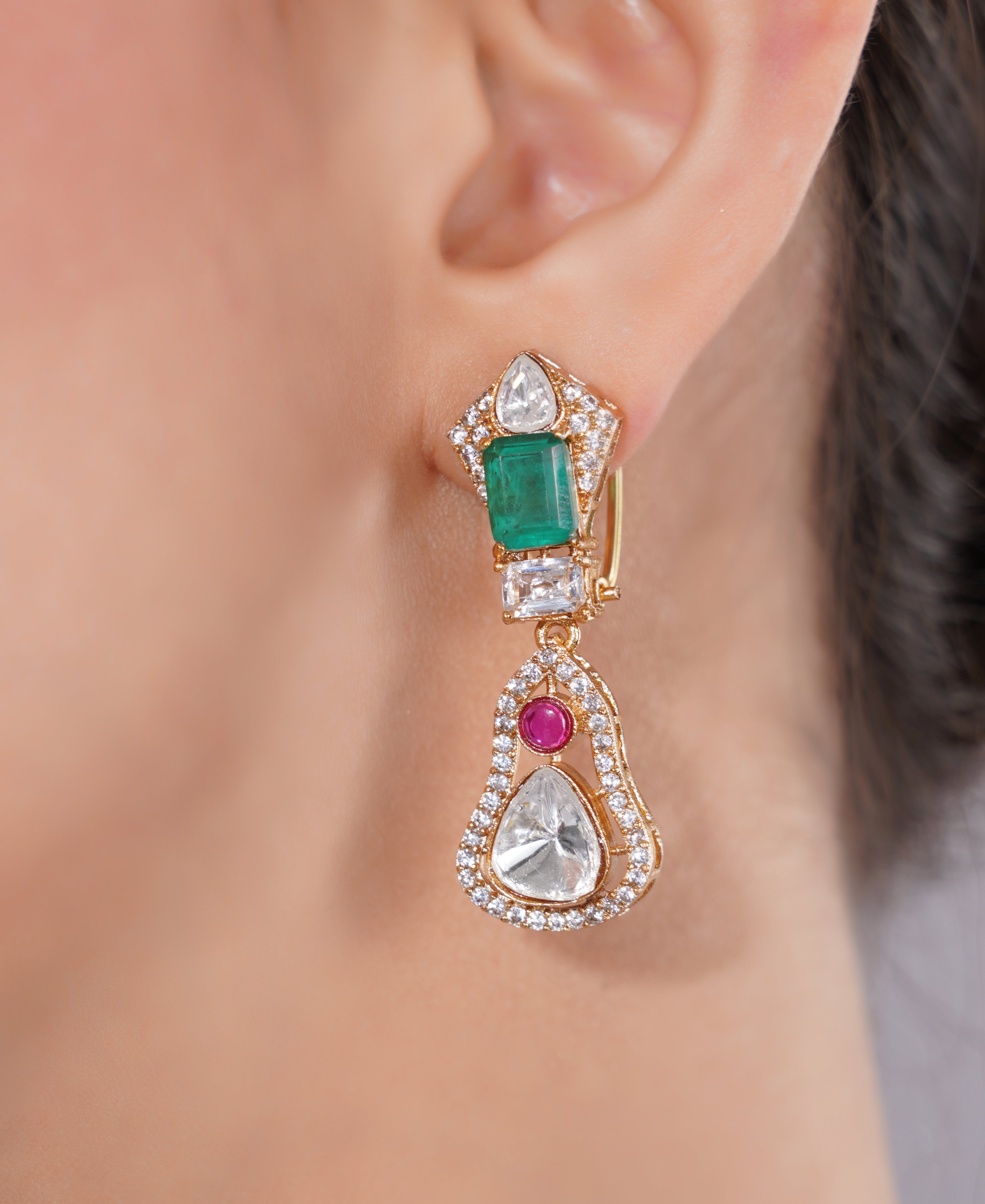 Amaita AD Polki Emerald Rose Gold Statement Necklace Set