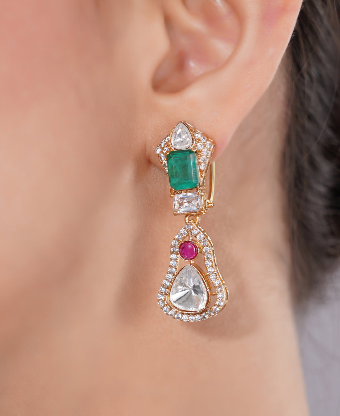 Amaita AD Polki Emerald Rose Gold Statement Necklace Set