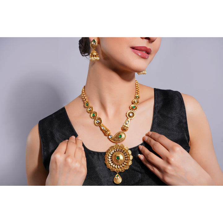 Amaita Demi Fine Ethnic Polki Emerald Gold  Disc Pearl Necklace Jhumka Set