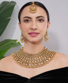 Amaita Gold-Finished Kundan Choker Necklace with Pearl Detailing