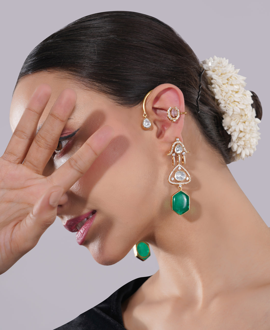 Amaita Gold-Finished Kundan Emerald Chandelier Earrings cuff