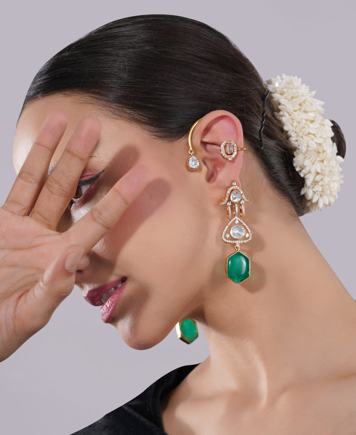 Amaita Gold-Finished Kundan Emerald Chandelier Earrings cuff