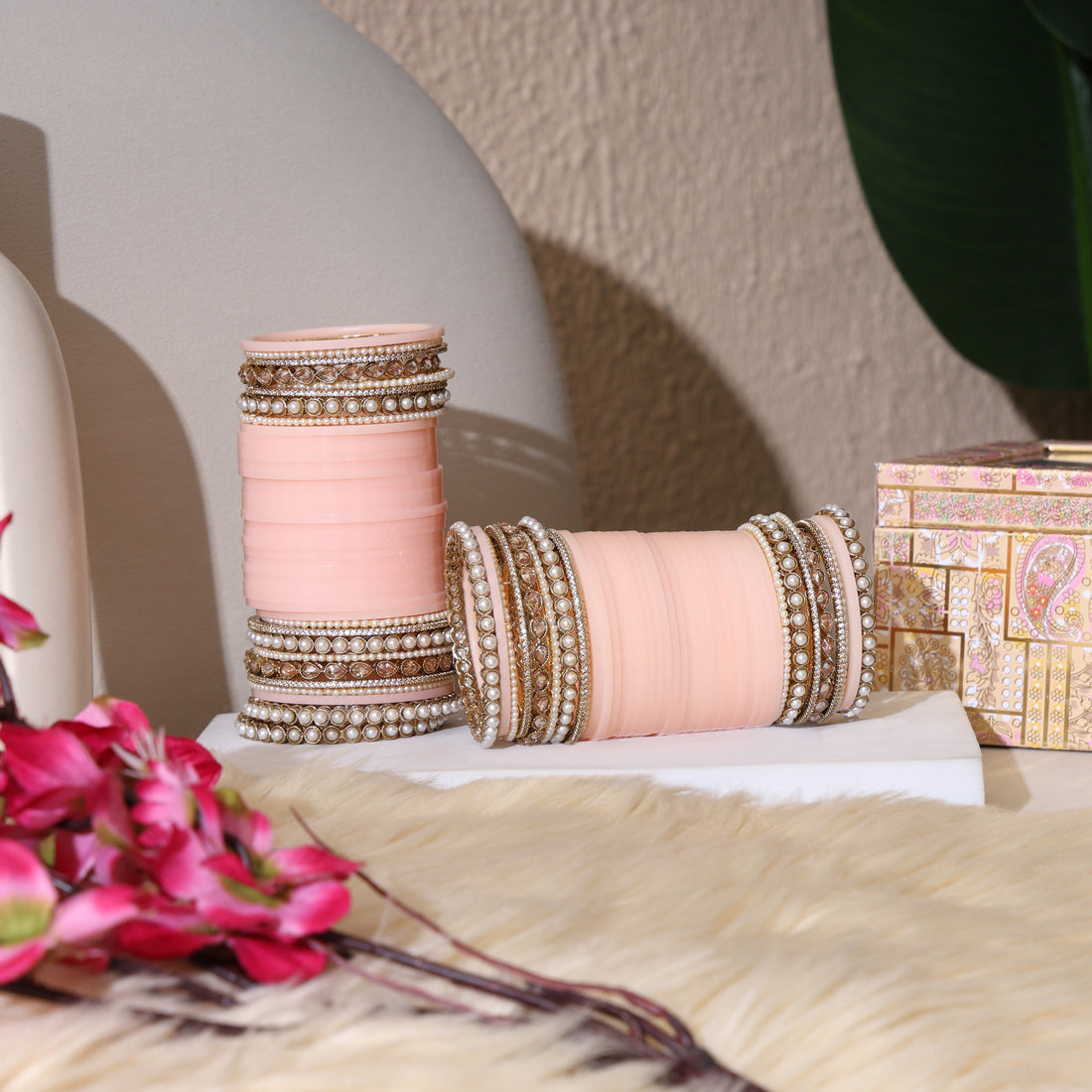 Amaita Pure Pearl Light Pink Chooda with Moti Bangles