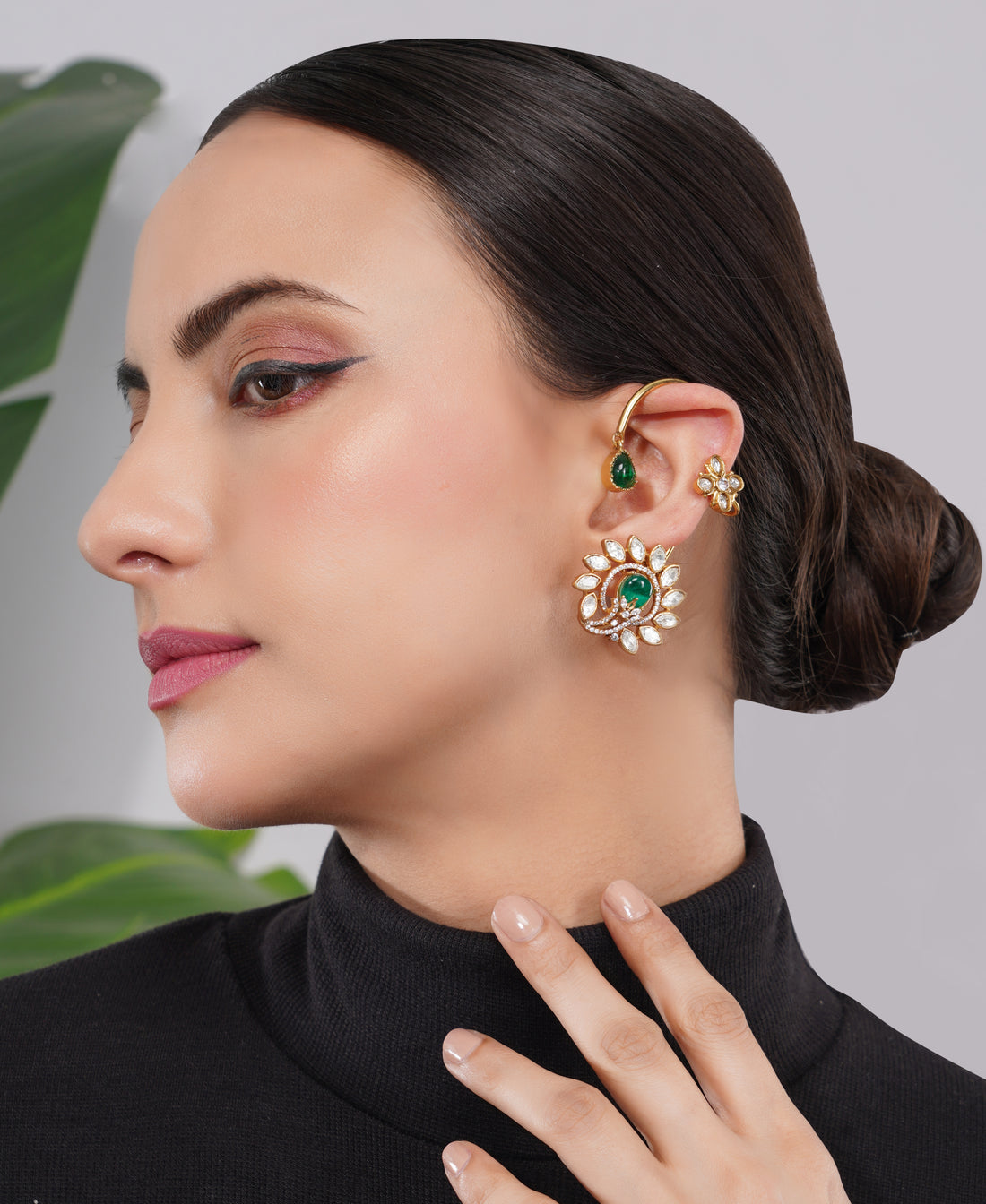 Amaita Gold Finish Kundan Emerald Pearl Floral Ear cuff earrings
