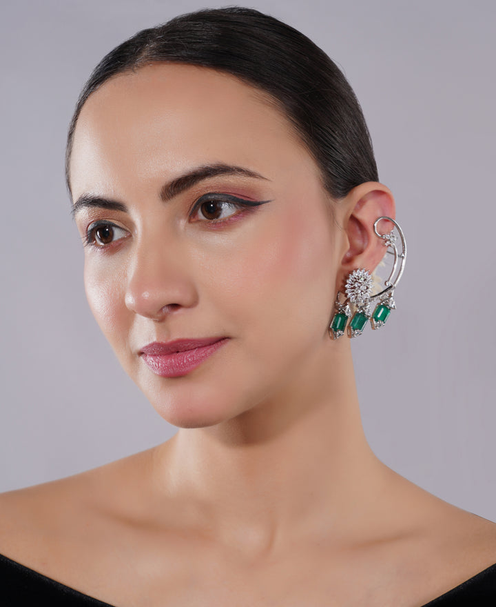 Amaita American Diamond Emerald Ear Cuff Earring Set
