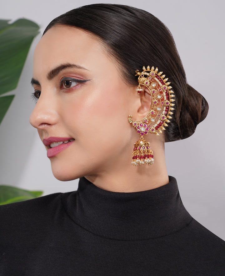 Amaita Gold-Finished Kundan Ruby Pearl Crescent Earrings