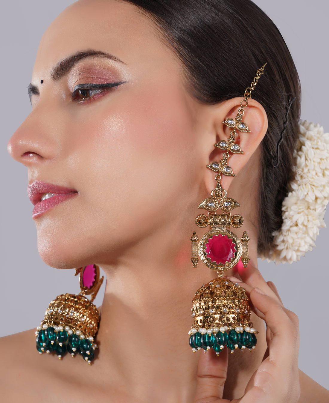 Amaita Gold Finish Kundan Ruby Green Jhumka Earrings