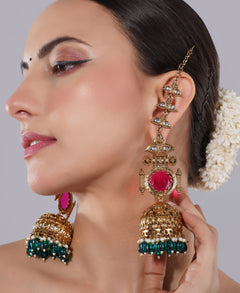 Amaita Gold Finish Kundan Ruby Green Jhumka Earrings