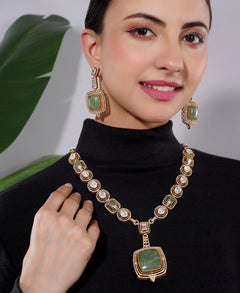 Amaita Gold Finish Green Stone Pearl Necklace Set