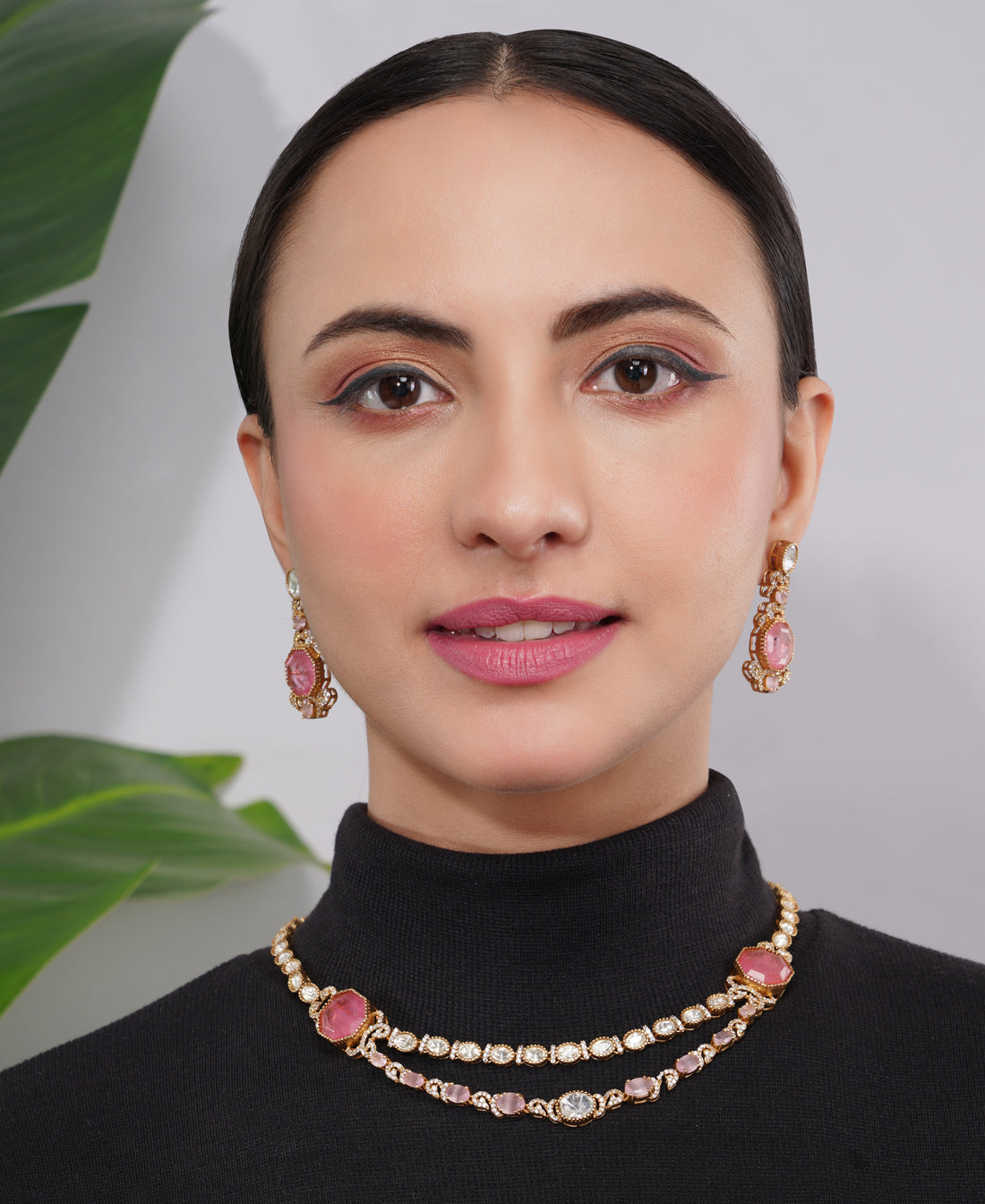 Amaita American Diamond Pink Stone Choker and Earring Set