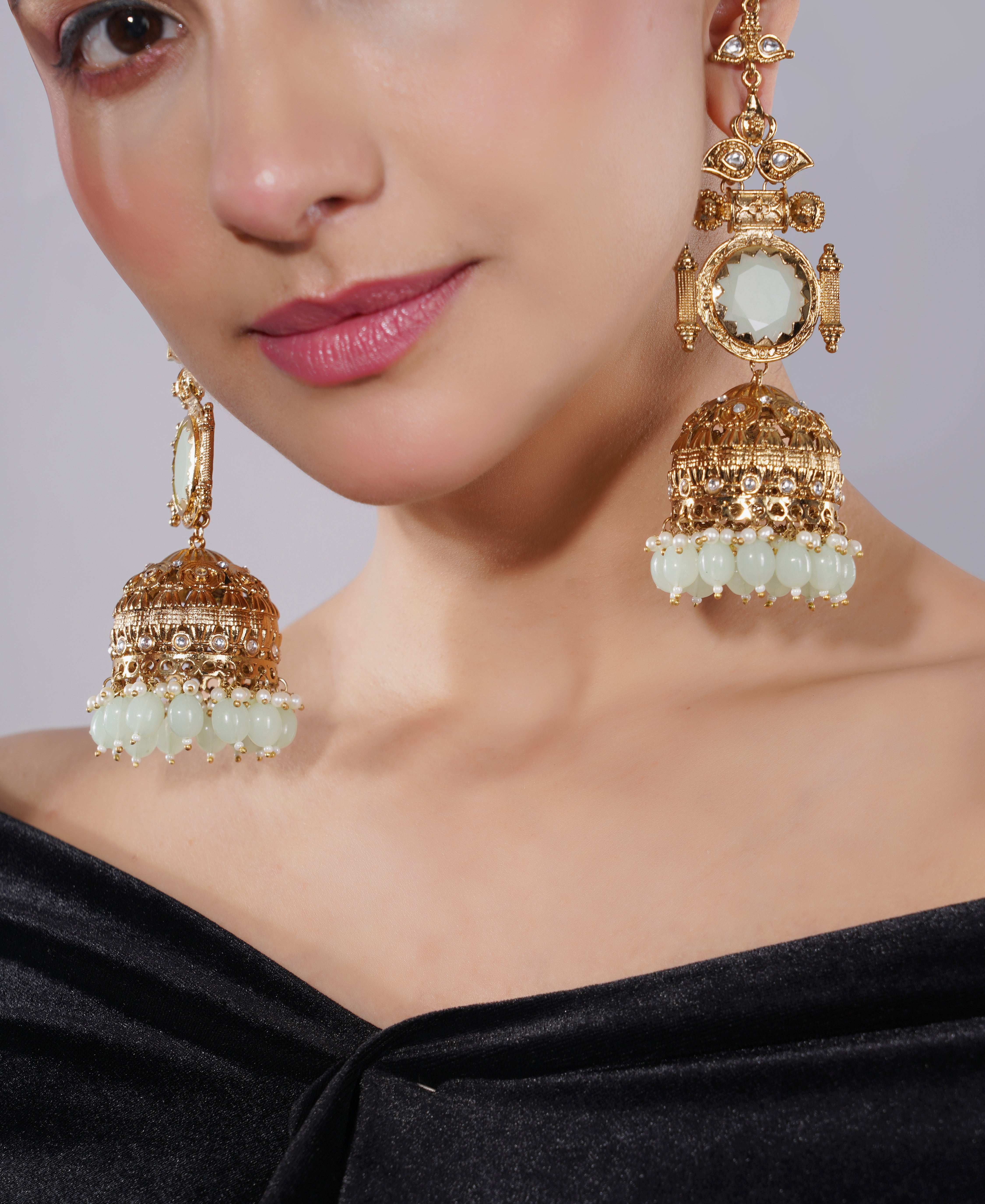 Amaita Gold Finish Mint Green Jhumka Earrings