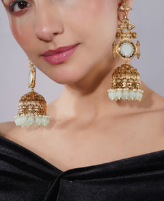 Amaita Gold Finish Mint Green Jhumka Earrings