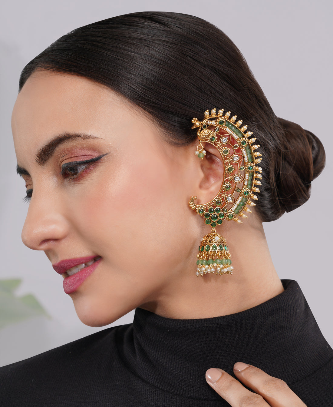 Amaita Gold-Finished Emerald Green Kundan Ear Cuff Earring