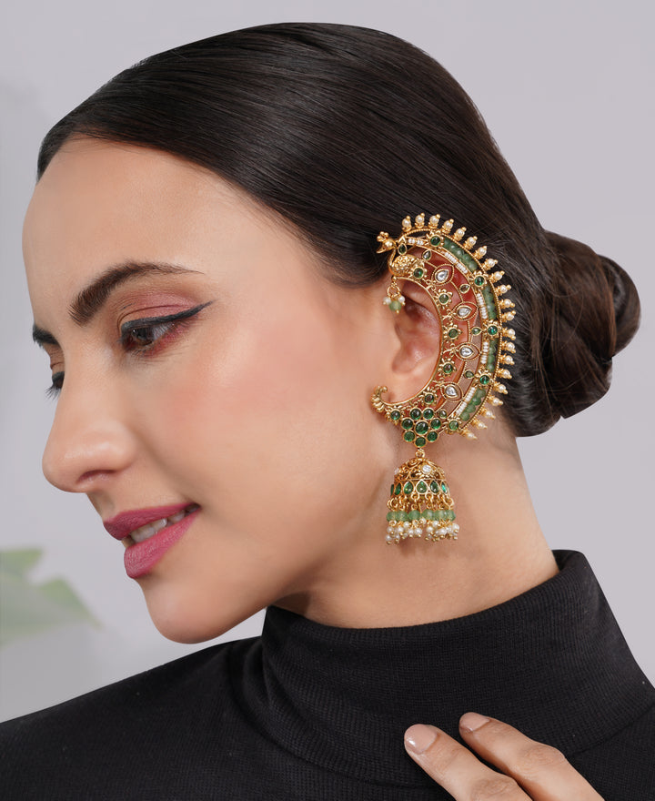 Amaita Gold-Finished Emerald Green Kundan Ear Cuff Earring