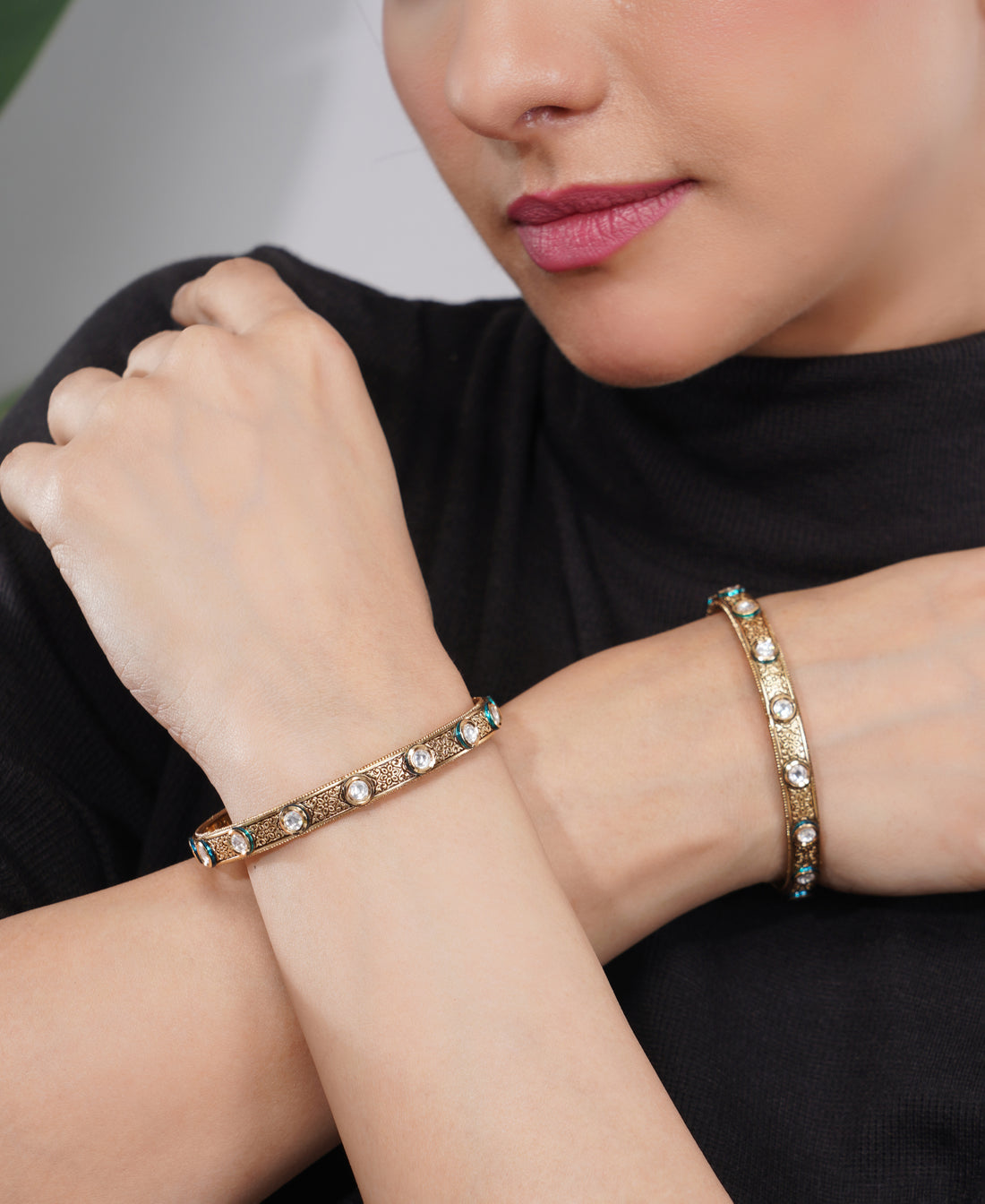 Amaita Gold-Finish American Diamond Teal Bangle Set