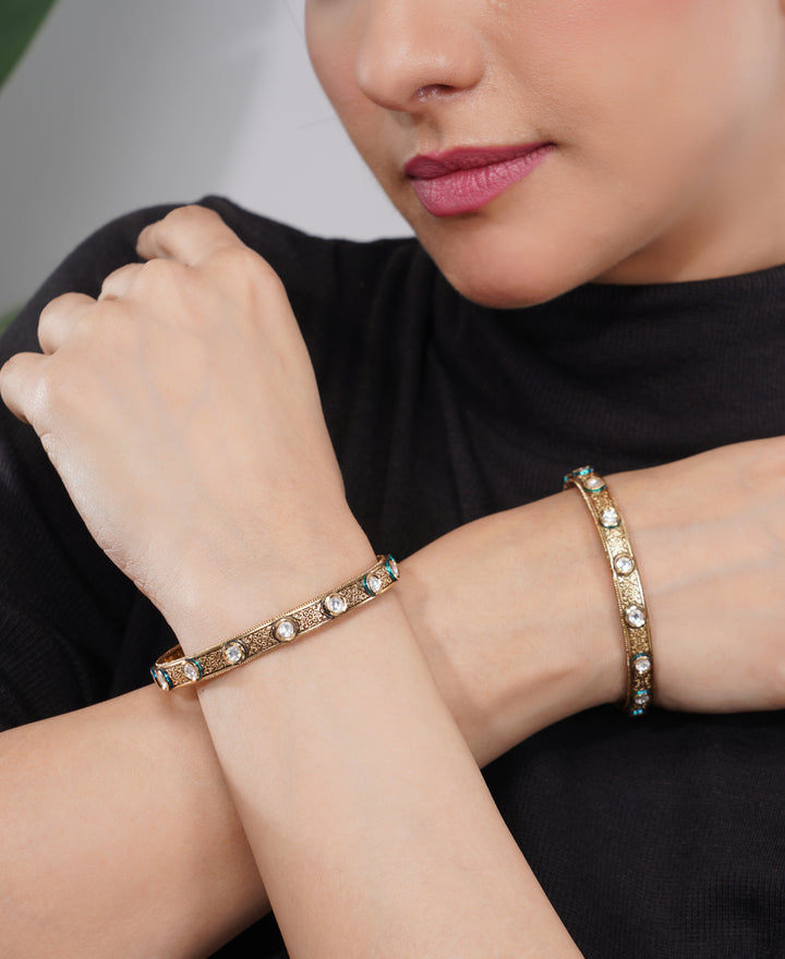 Amaita Gold-Finish American Diamond Teal Bangle Set