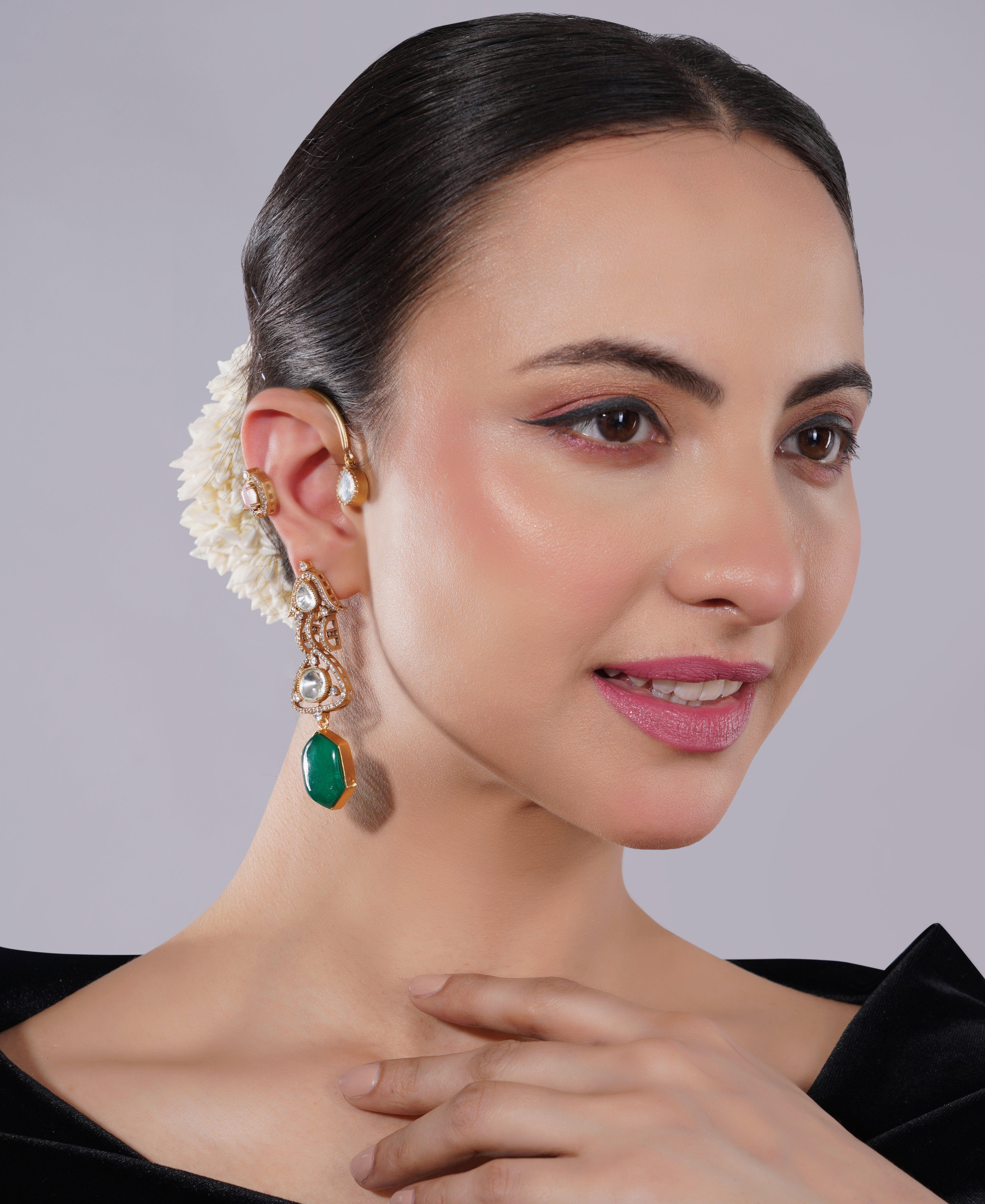 Amaita Gold-Finished Kundan Emerald Chandelier Earrings cuff