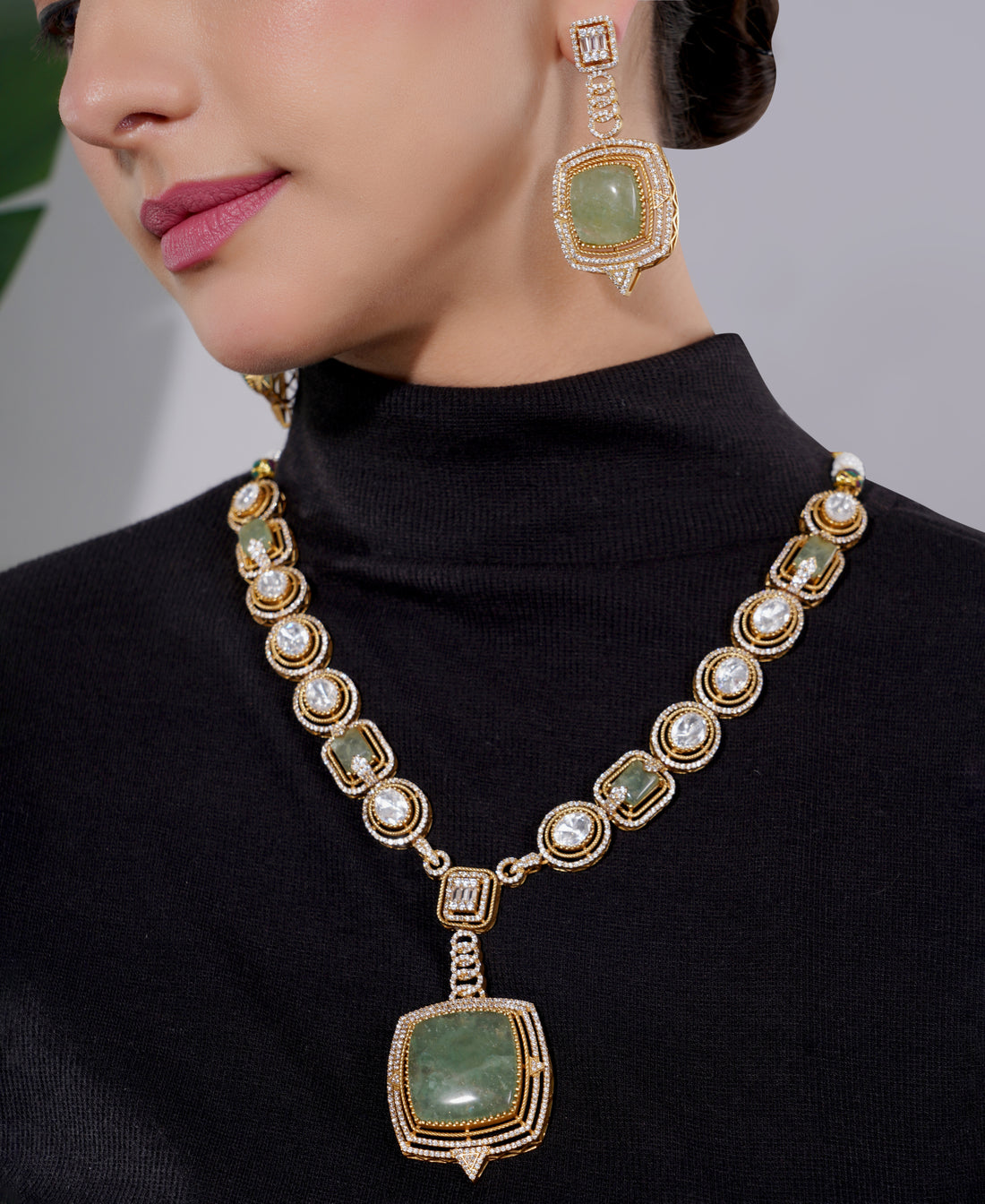Amaita Gold Finish Green Stone Pearl Necklace Set