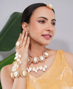 Amaita Gold Finish Shell Ghungroo Earring and Handpiece Set