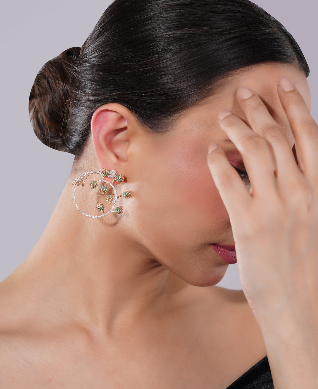 Amaita American Diamond Floral Green Stone Earrings
