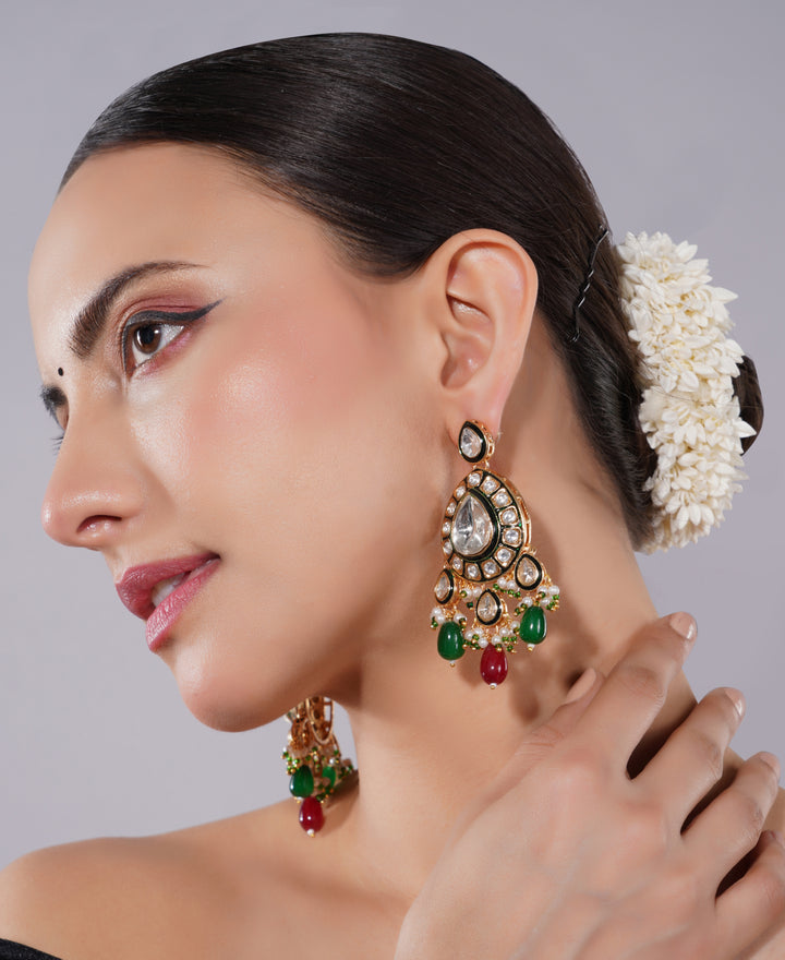 Amaita Polki Kundan Green Ruby Chandelier Earrings