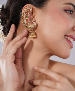 Amaita Gold Finish Peacock Inspired American Diamond Ear Cuff Earring