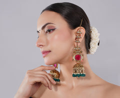 Amaita Gold Finish Kundan Ruby Green Jhumka Earrings