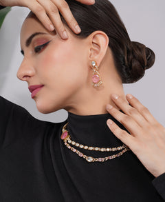 Amaita American Diamond Pink Stone Choker and Earring Set