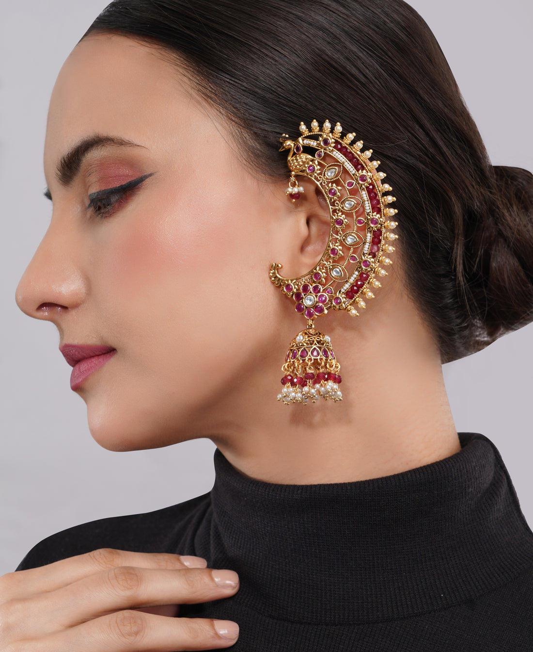 Amaita Gold-Finished Kundan Ruby Pearl Crescent Earrings