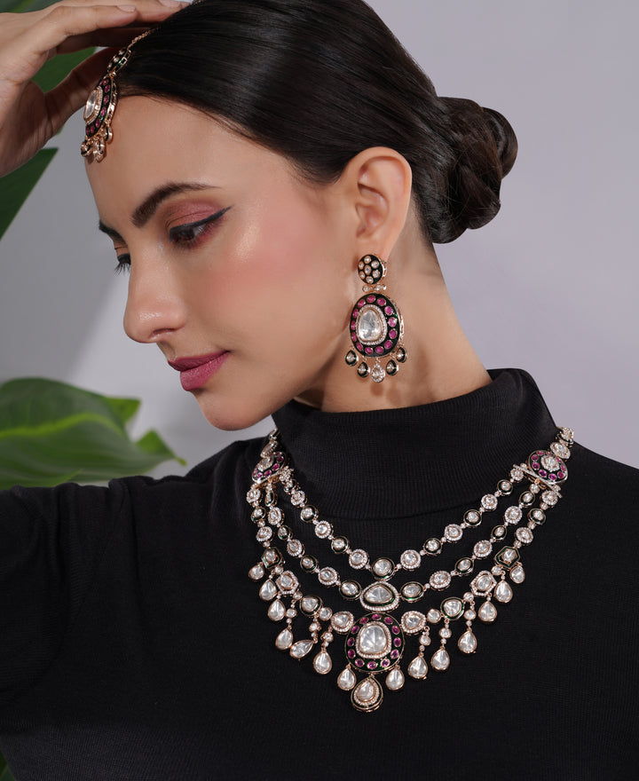 Amaita Polki Kundan Fuchsia Pearl Layered Choker Necklace