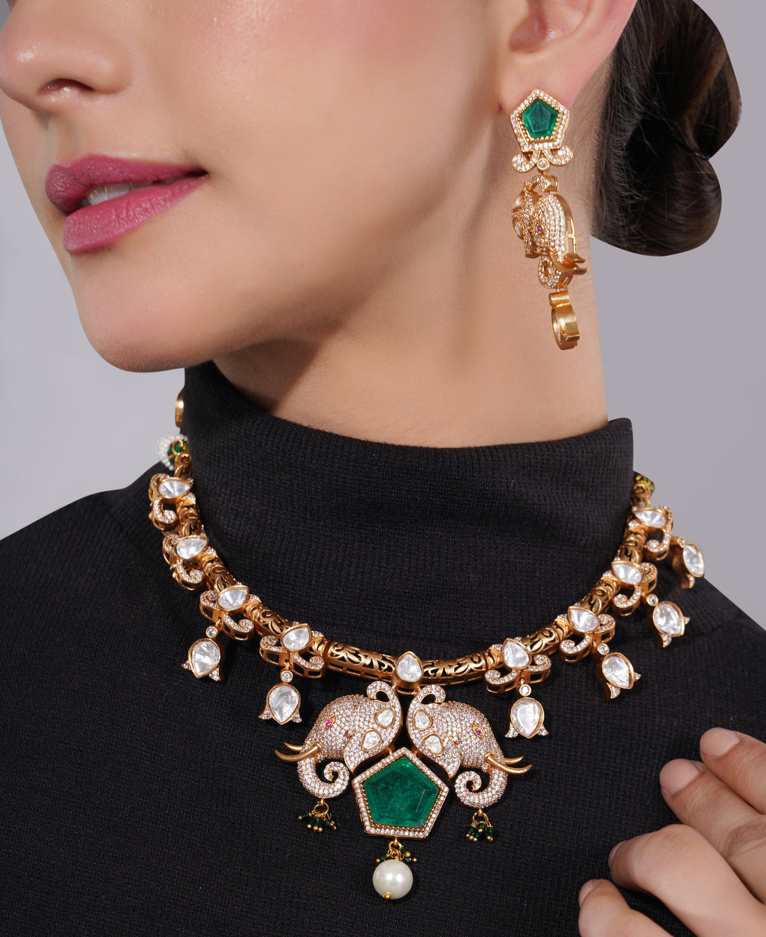 Amaita Polki Kundan Emerald Elephant Choker Necklace Set