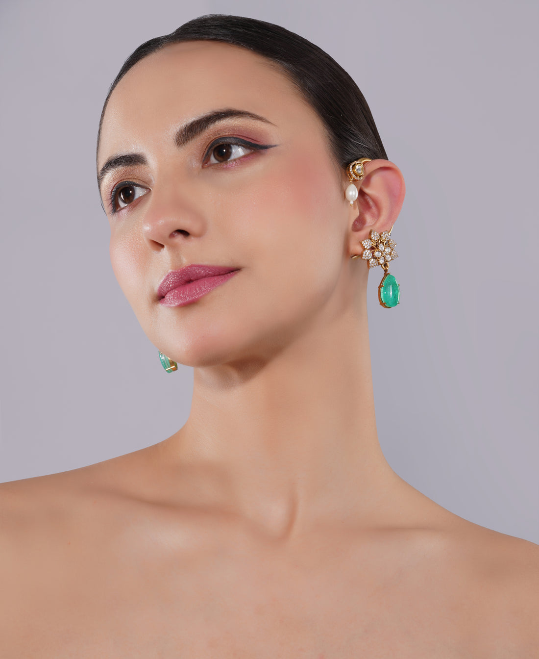 Amaita American Diamond Floral Green Teardrop Earrings