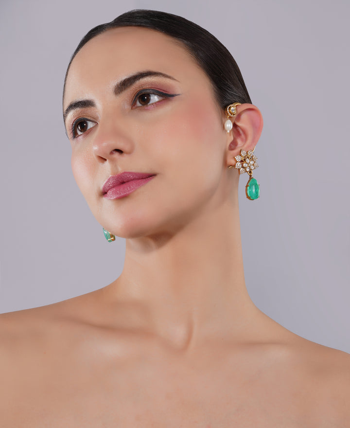 Amaita American Diamond Floral Green Teardrop Earrings