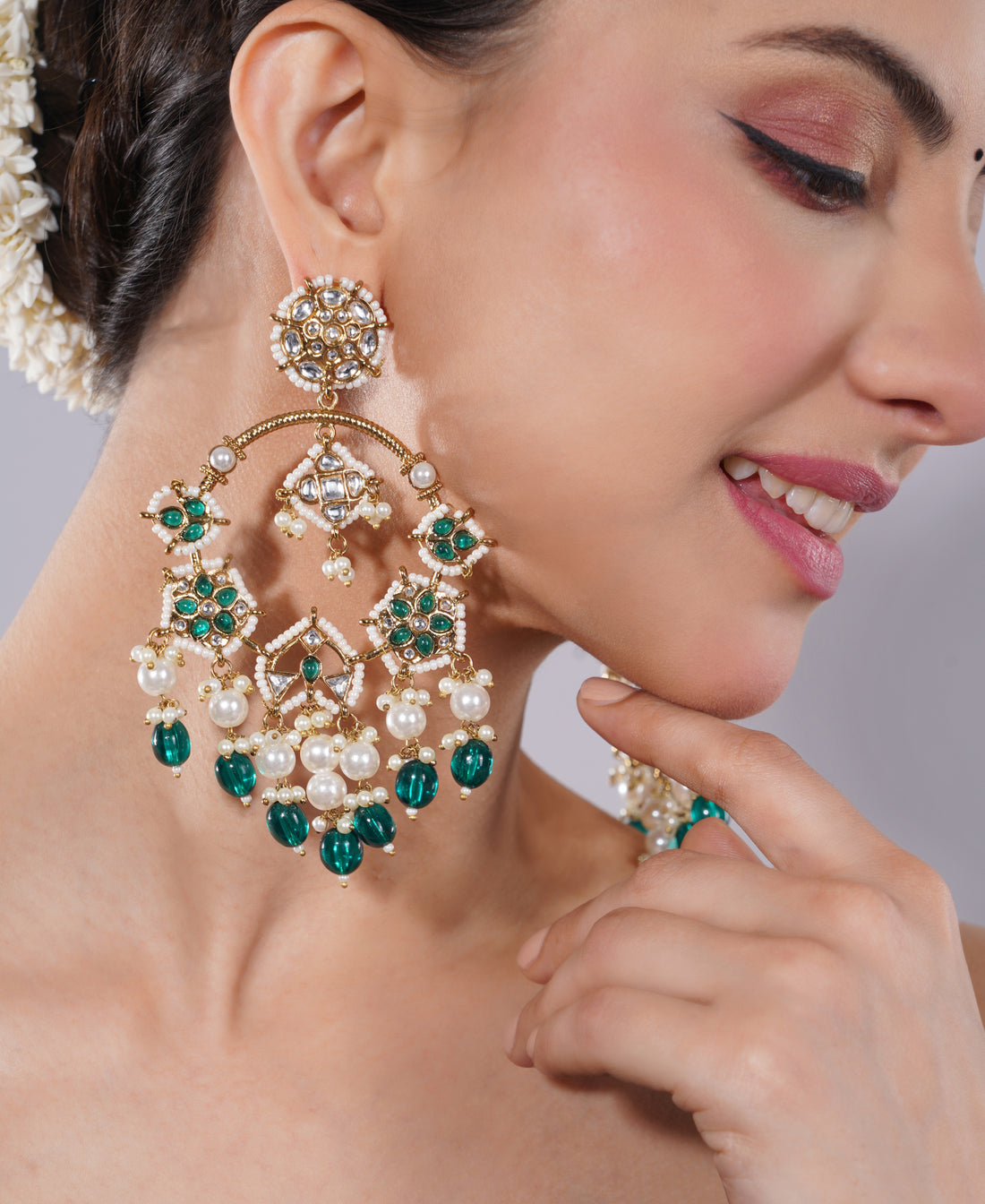 Amaita Kundan Emerald Pearl Chandelier Earrings