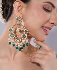 Amaita Kundan Emerald Pearl Chandelier Earrings