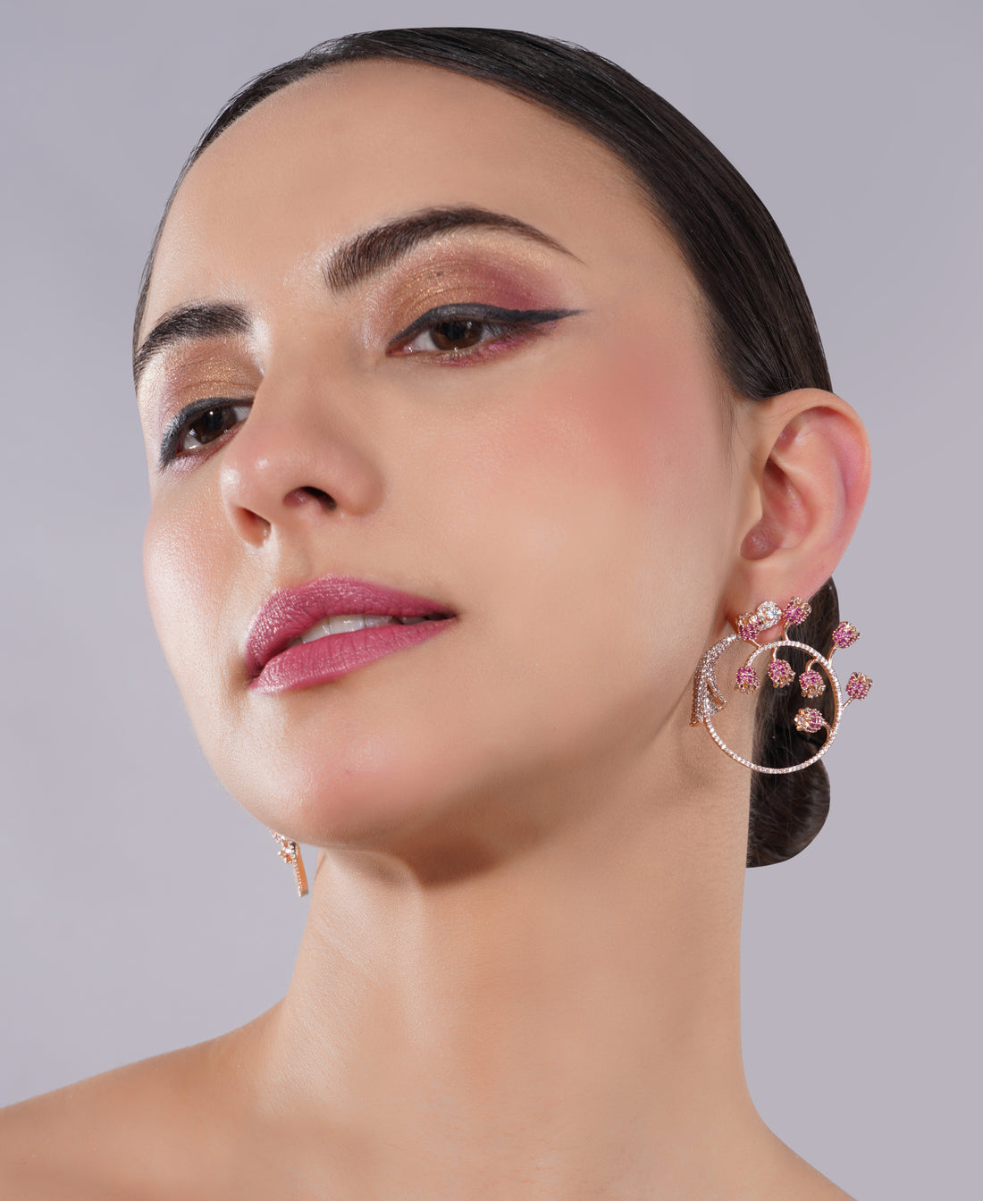 Amaita American Diamond Pink Floral Circular Earrings