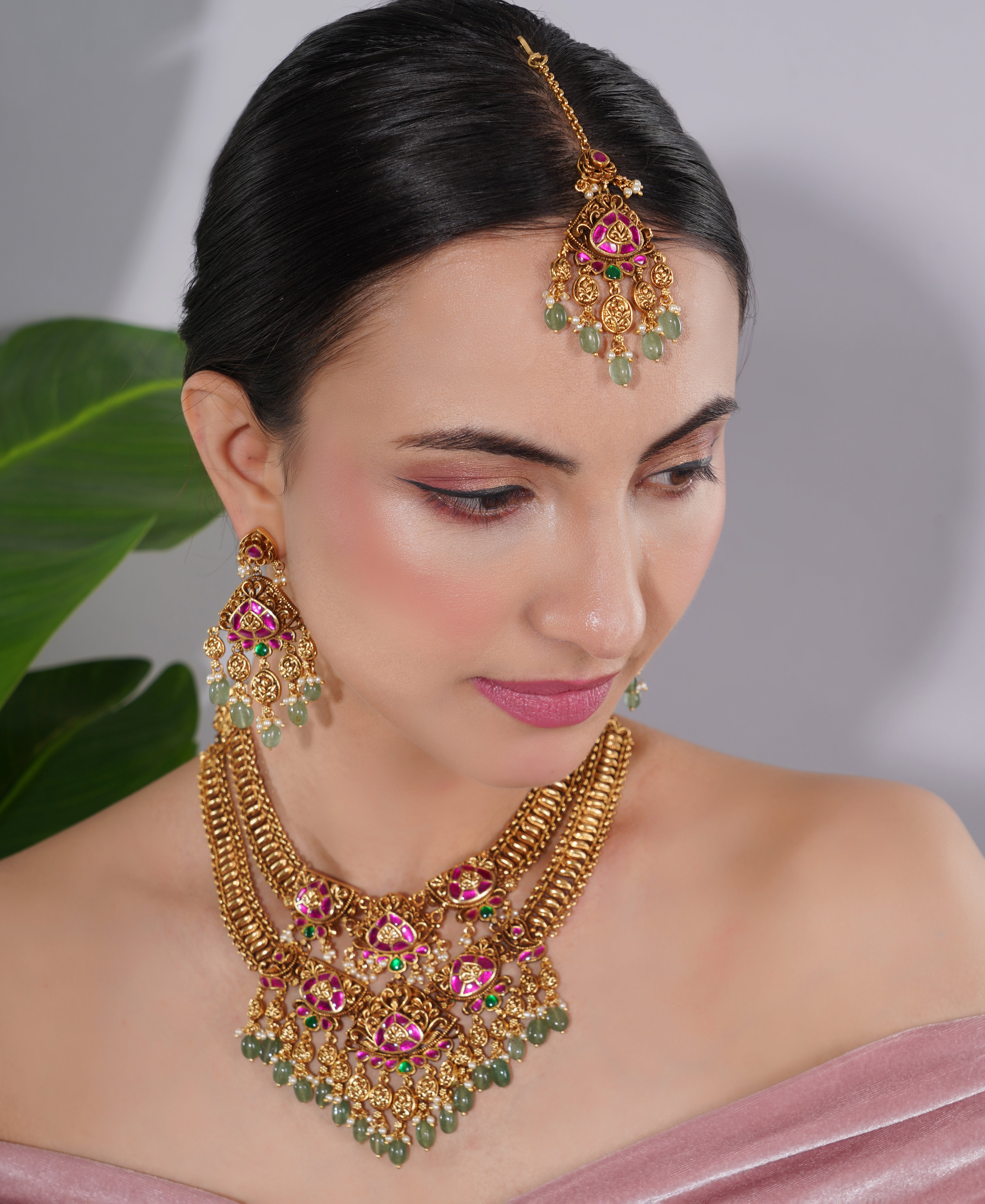 Amaita South Indian Temple Ruby Pearl Necklace Set