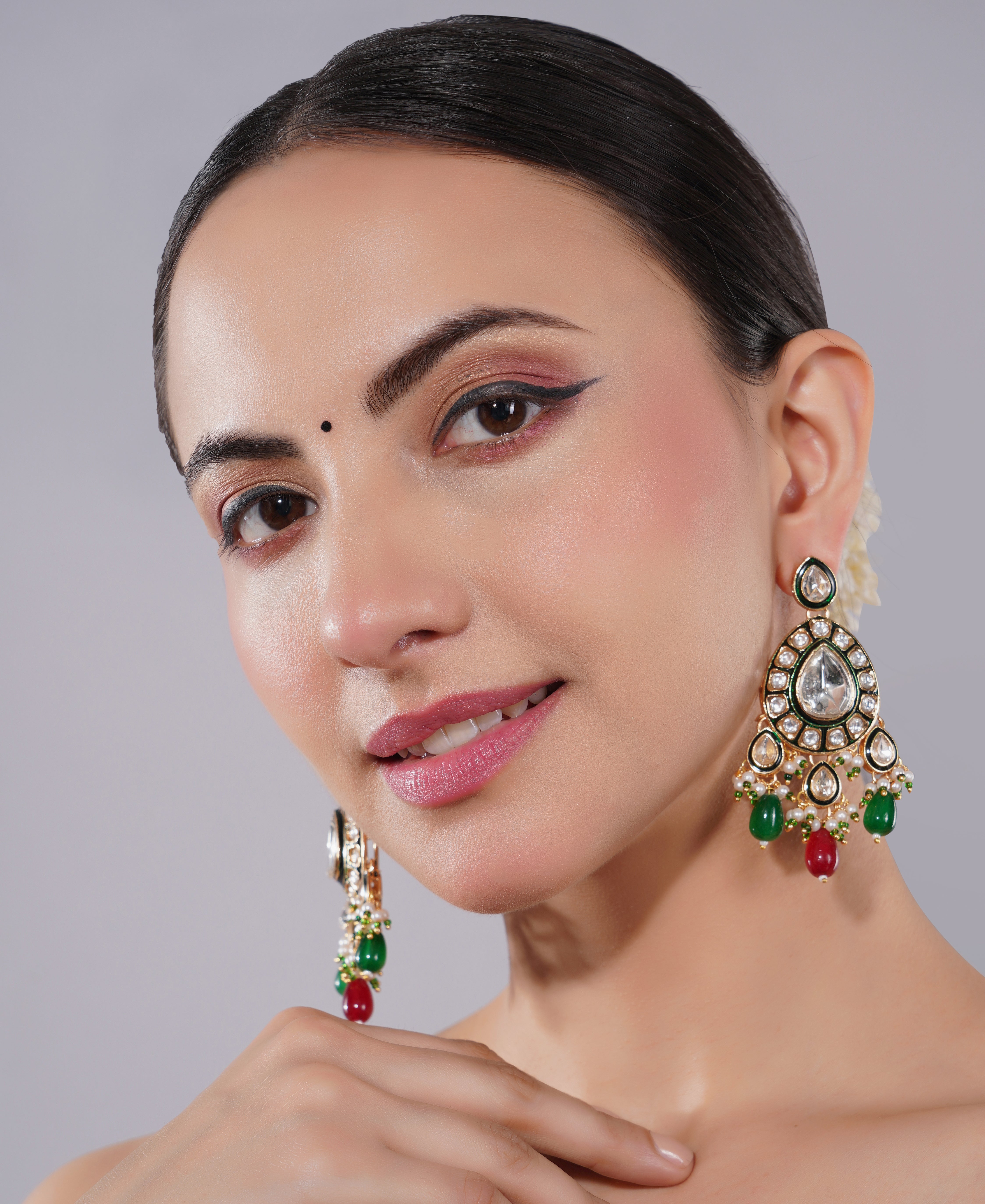 Amaita Polki Kundan Green Ruby Chandelier Earrings