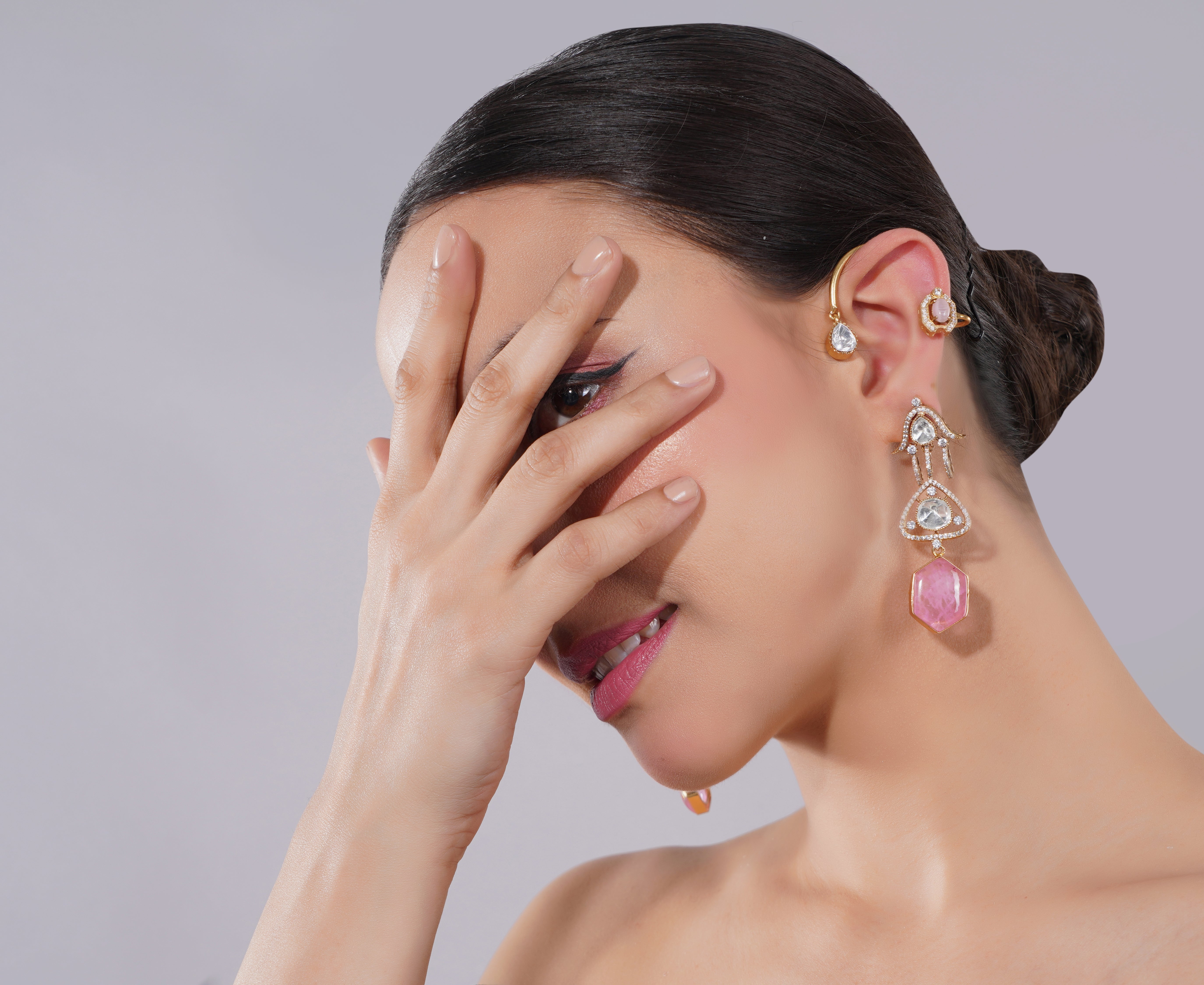 Amaita American Diamond Pink Stone Drop Earrings