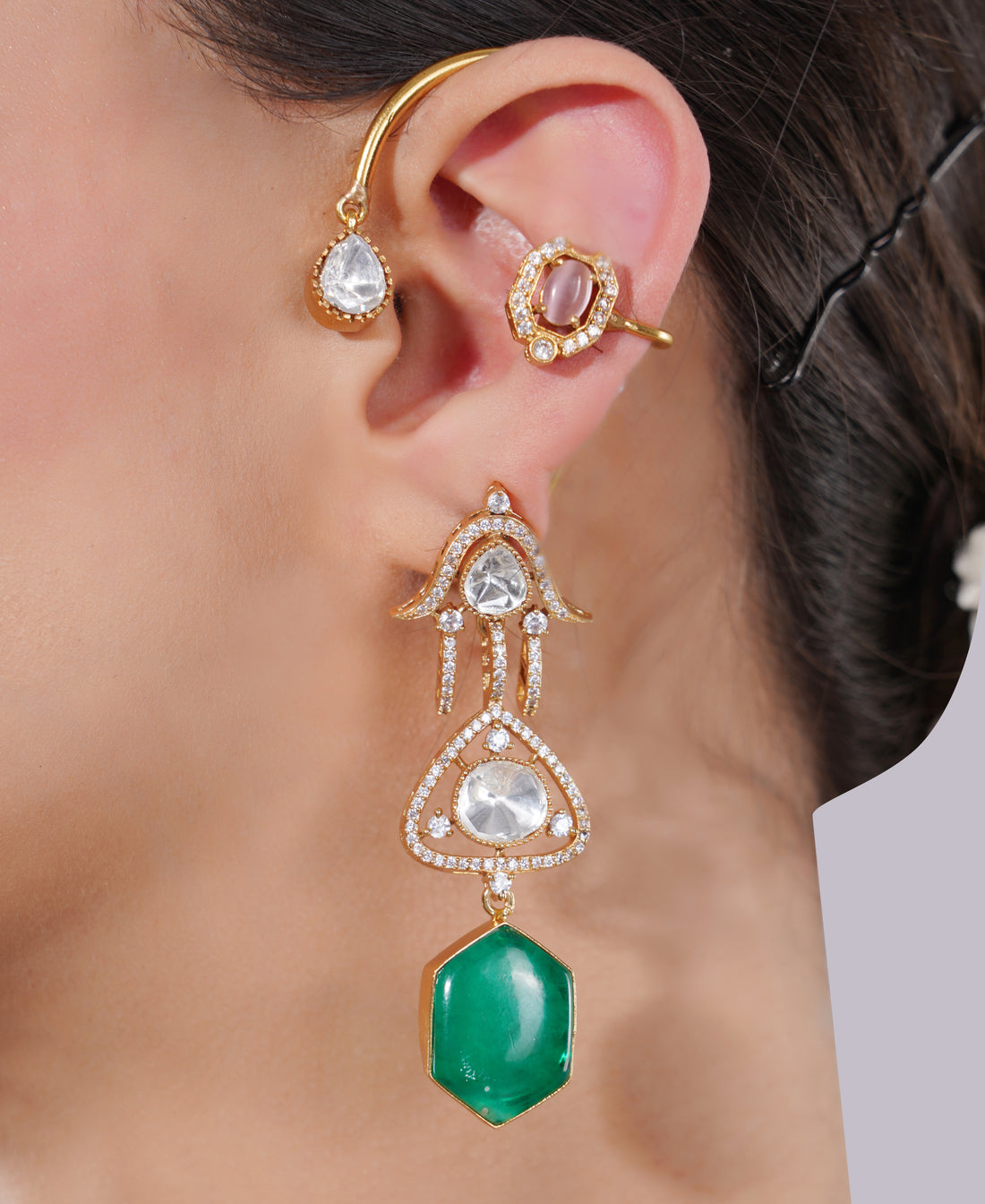 Amaita Gold-Finished Kundan Emerald Chandelier Earrings cuff