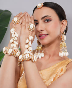 Amaita Gold Finish Shell Ghungroo Earring and Handpiece Set